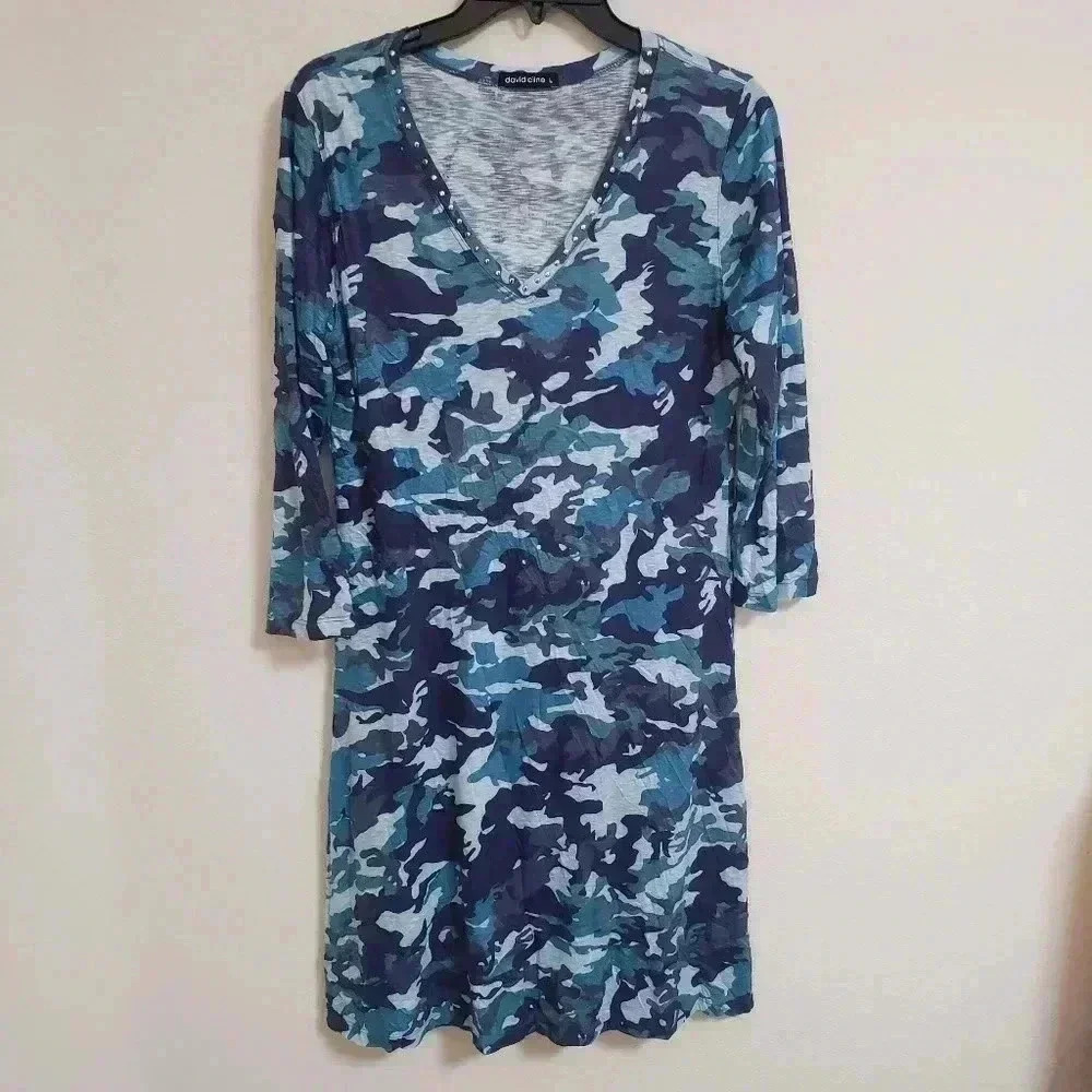 David Cline Studded V-Neck Blue Camo Dress